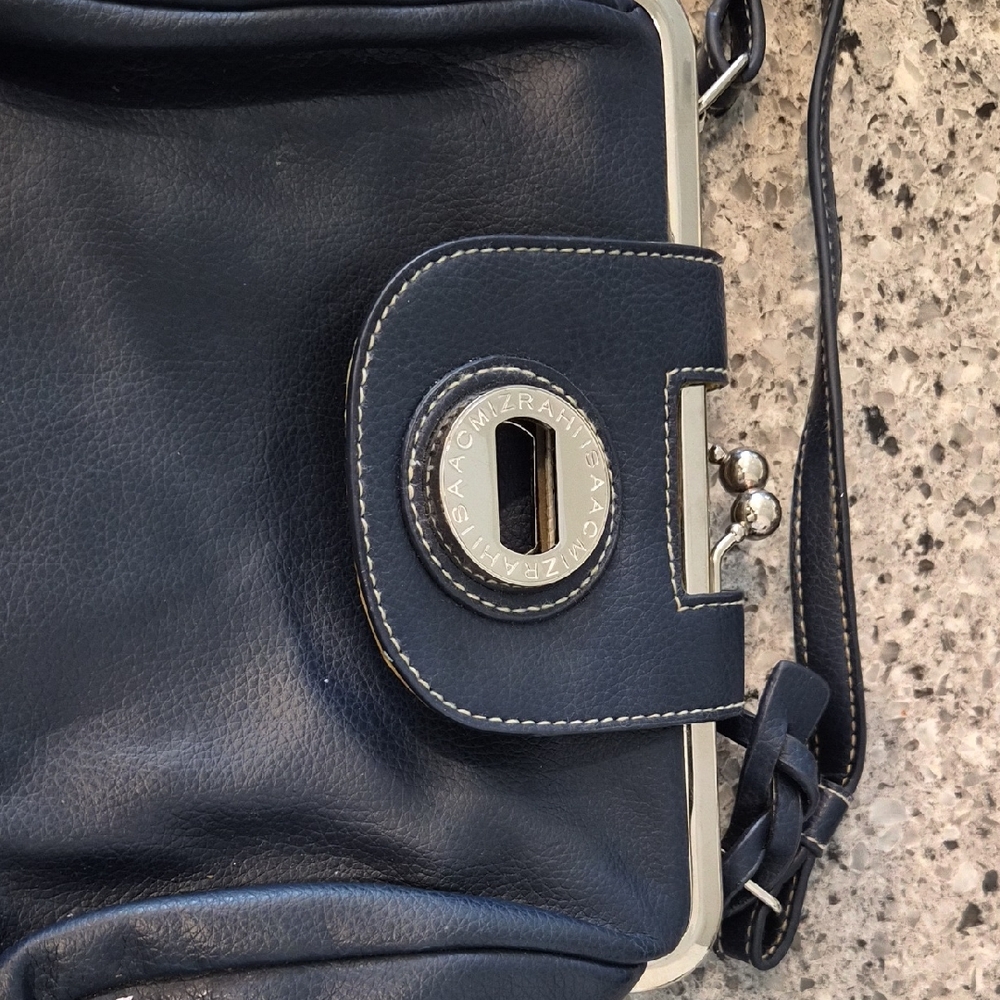 Isaac Mizrahi Navy Leather Crossbody with Silver-Tone Hardware